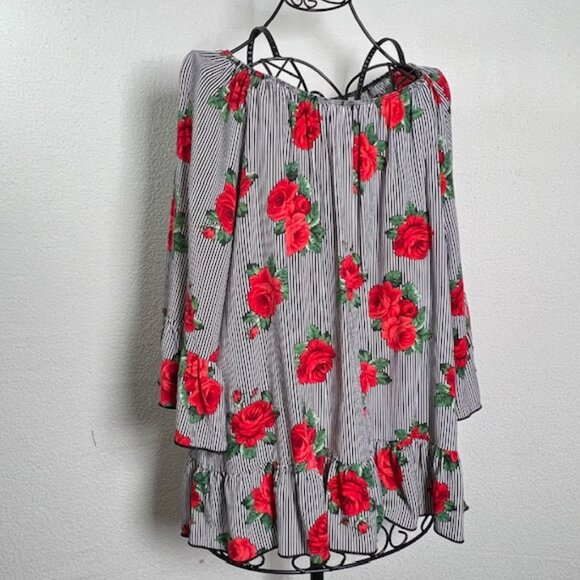 FREE KISSES Casual Blouse Women Scoop Neck Stripes & Roses Tunic Plus Size 3X - Picture 4 of 6